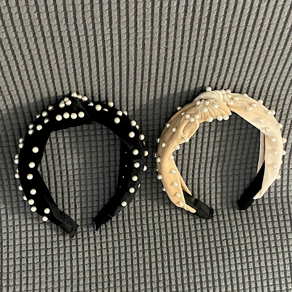 Beige & Black Velvet and Pearl Headband Set 🎀🖤